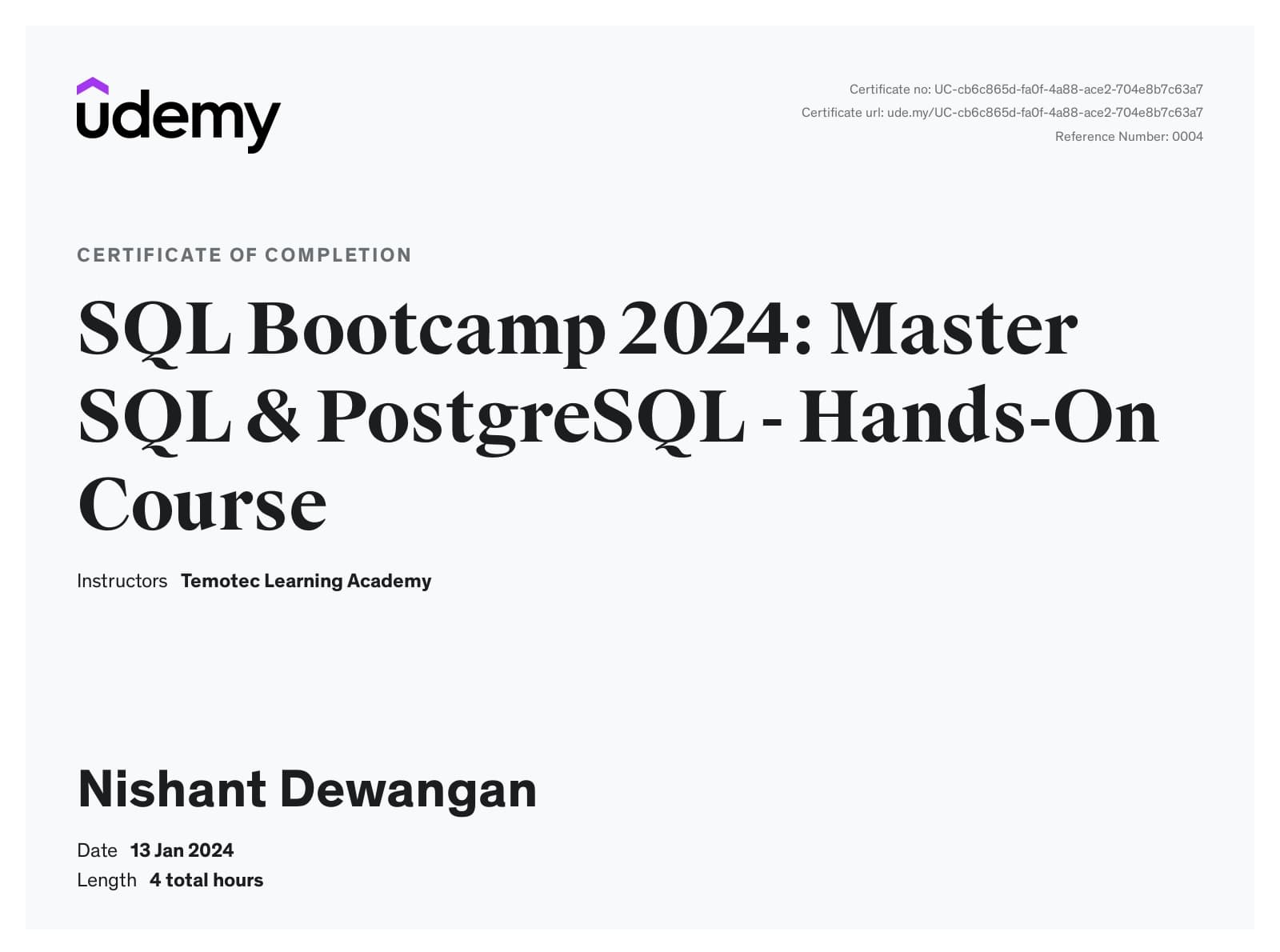 Bootcamp 2024: Master SQL & PostgreSQL - Hands-On Course Certificate